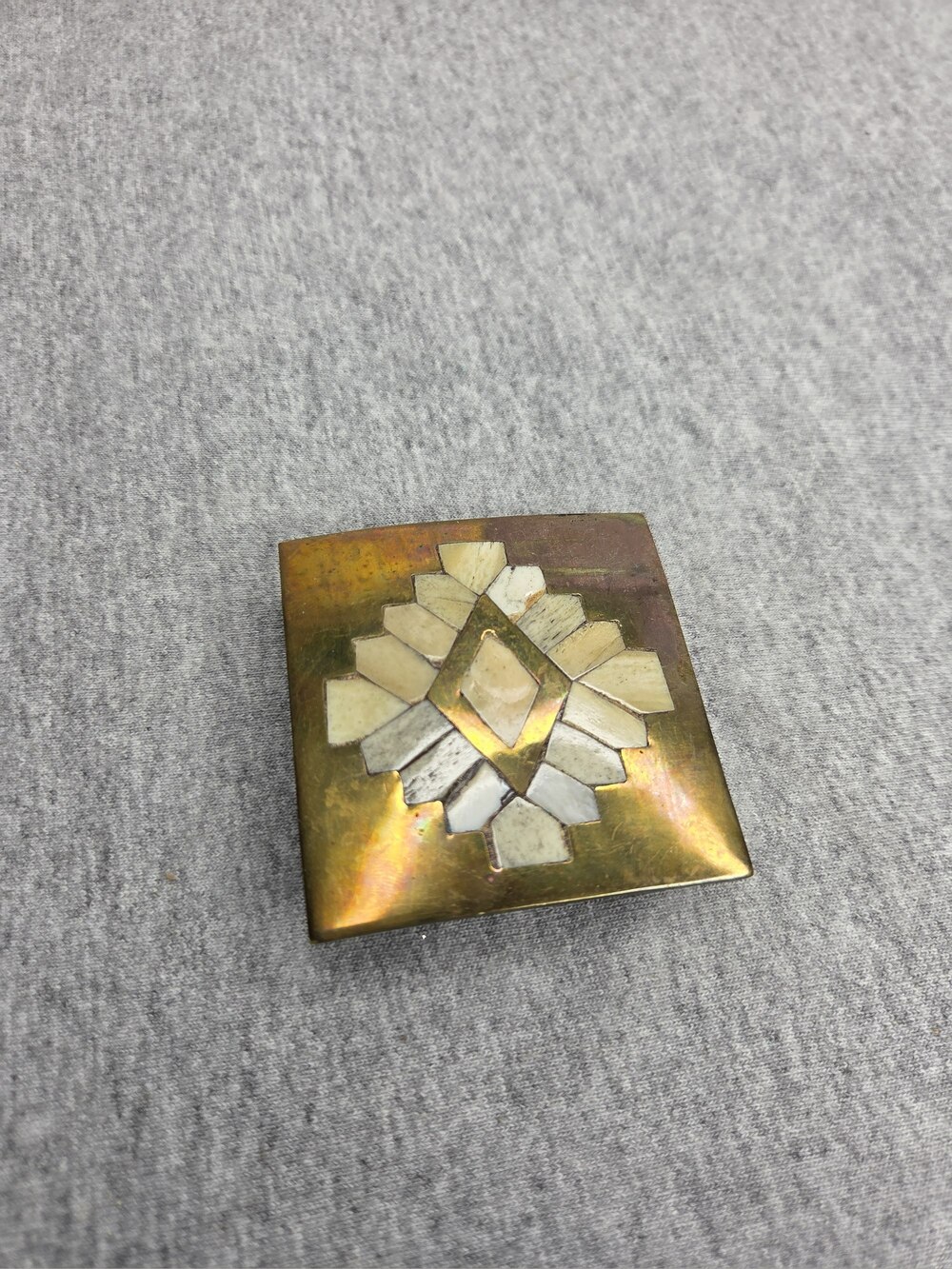 Vintage Mother of Pearl Belt Buckle Solid Brass Diamond Inlay Handmade Mexico